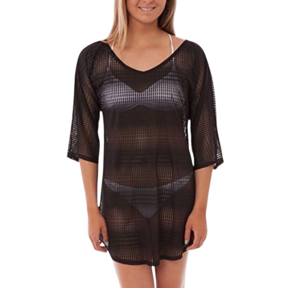 Oneill Ladies Blanca black mesh pool beach swim cover up, 3/4 length, Size XS/S